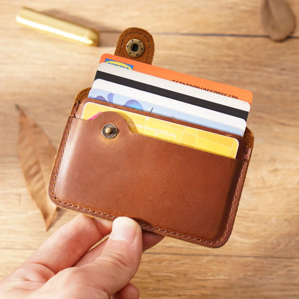 Vintage Leather Slim Card Holder with Snap Closure