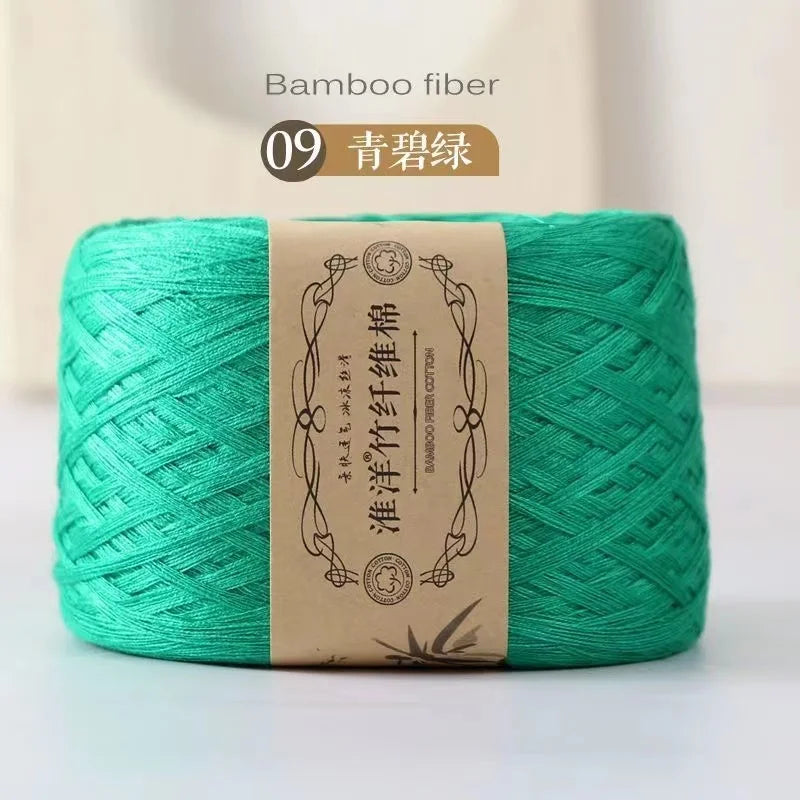 A skein of bright green bamboo fiber yarn labeled as item 09, ready for knitting or crochet.