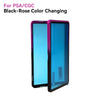 A black-rose color changing display case for trading cards, shown open with a bright blue interior.