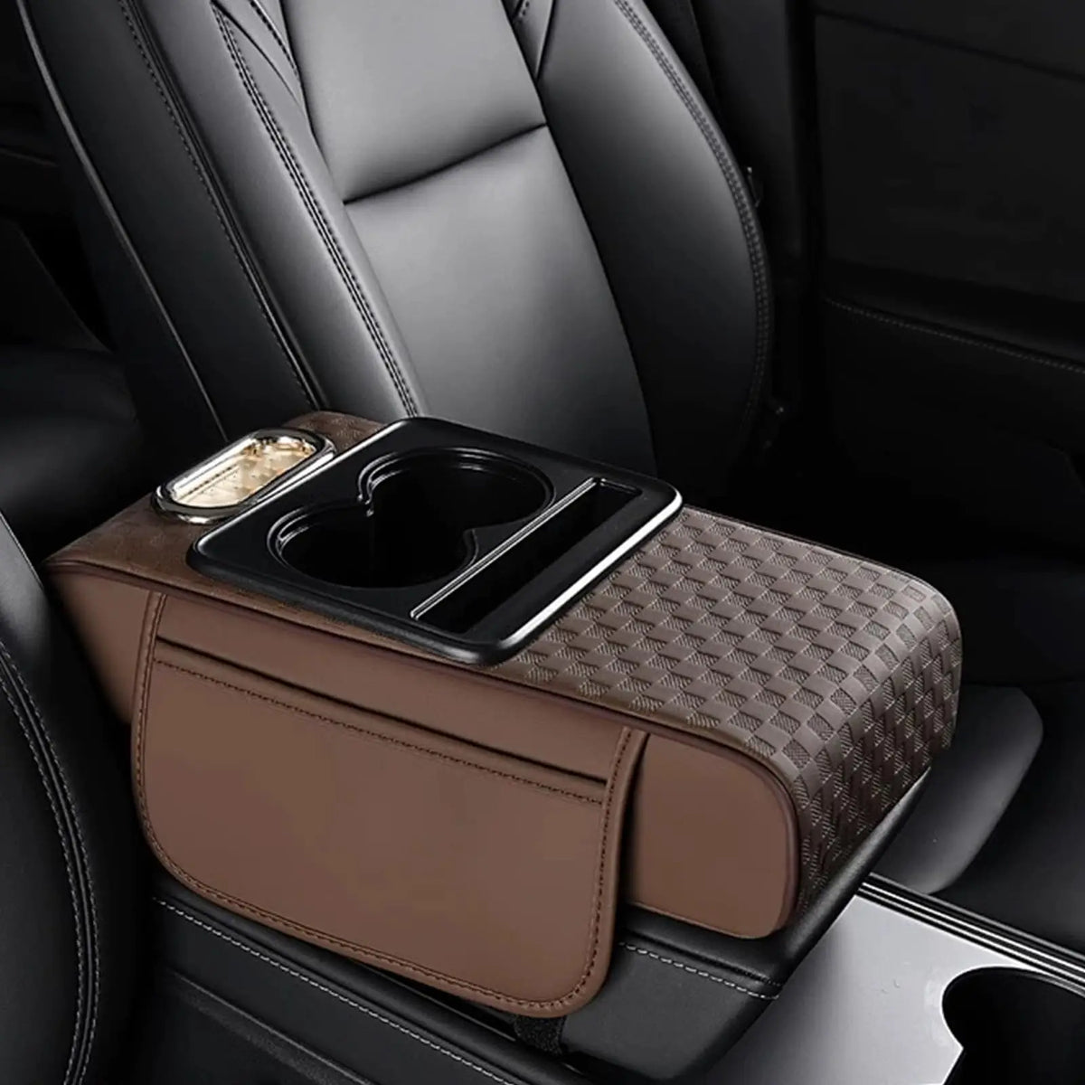 A brown car armrest cushion with a textured cover and integrated cupholders and storage compartments.