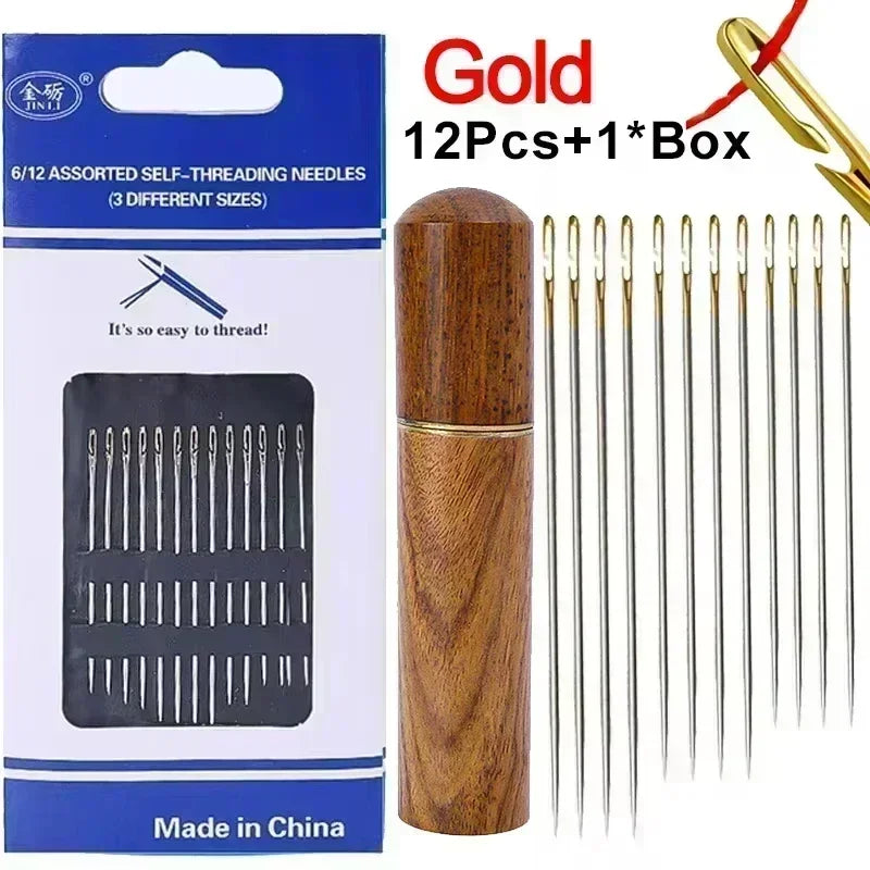 A box of 12 assorted self-threading stainless steel sewing needles with a wooden storage case.
