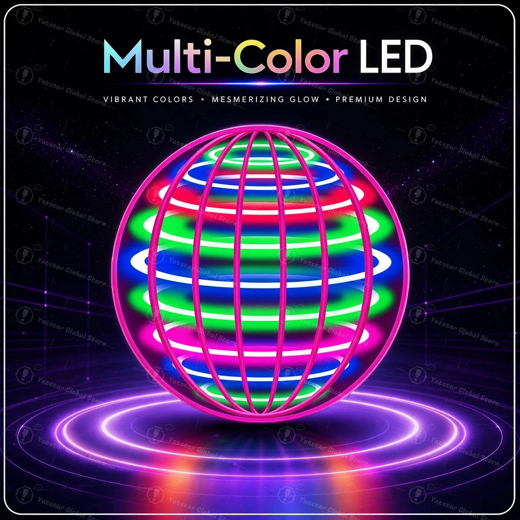 A vibrant multi-color LED sphere glowing with various bright colors against a dark background.