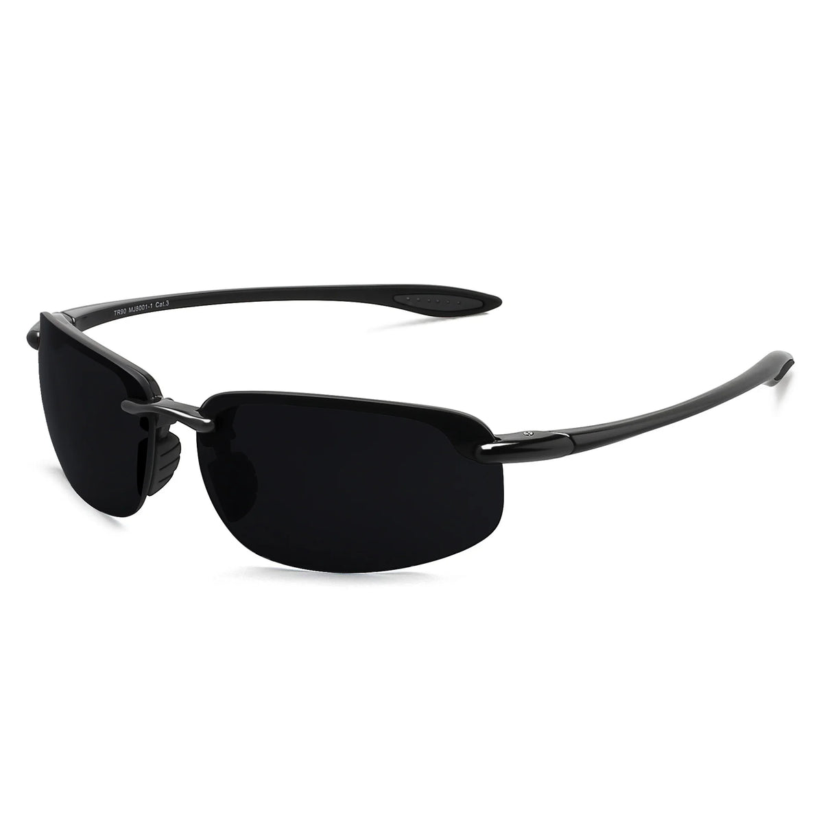 Black rimless polarized sports sunglasses with a lightweight TR90 frame.