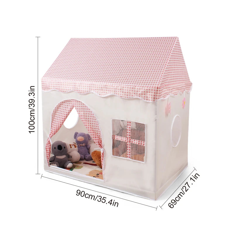 A pink floral playhouse tent for kids with a pitched roof and arched entrance.