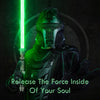 A dark figure in Mandalorian armor holds a glowing green lightsaber with a circular energy effect.