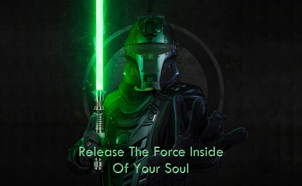 A dark figure in Mandalorian armor holds a glowing green lightsaber with a circular energy effect.