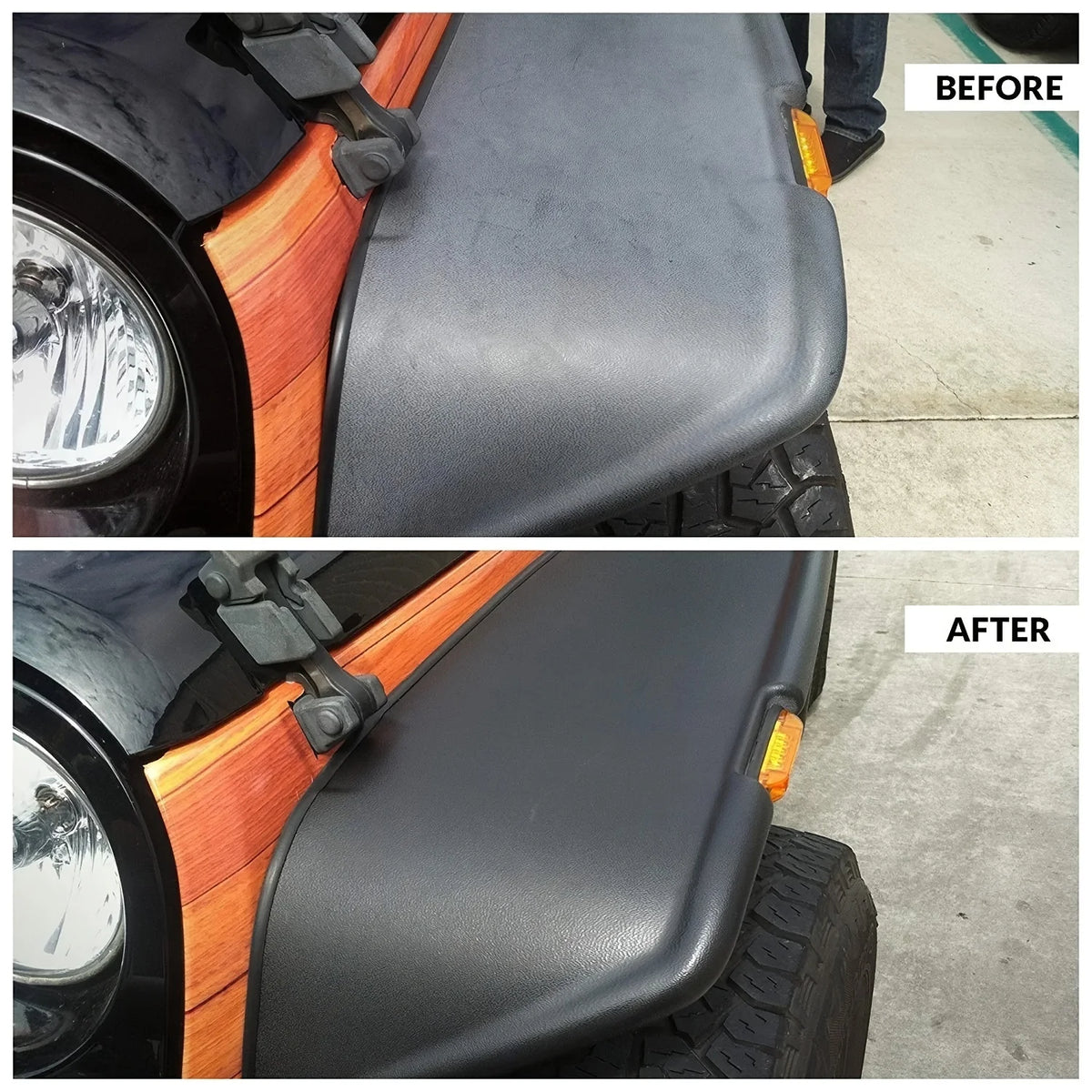 Before and after comparison of a car plastic trim renewal coating on a vehicle's body panel.