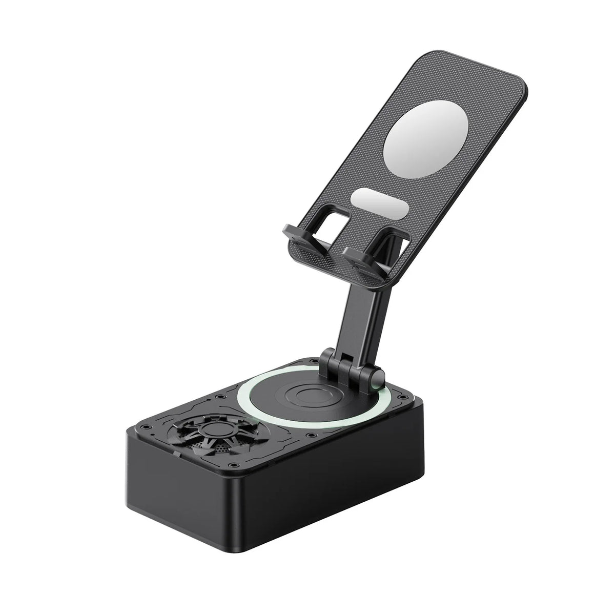 Altavoz Bluetooth plegable negro y soporte para teléfono con batería externa visible desde arriba.