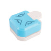 A light blue and white corner cutter tool with various sized guides marked on it.