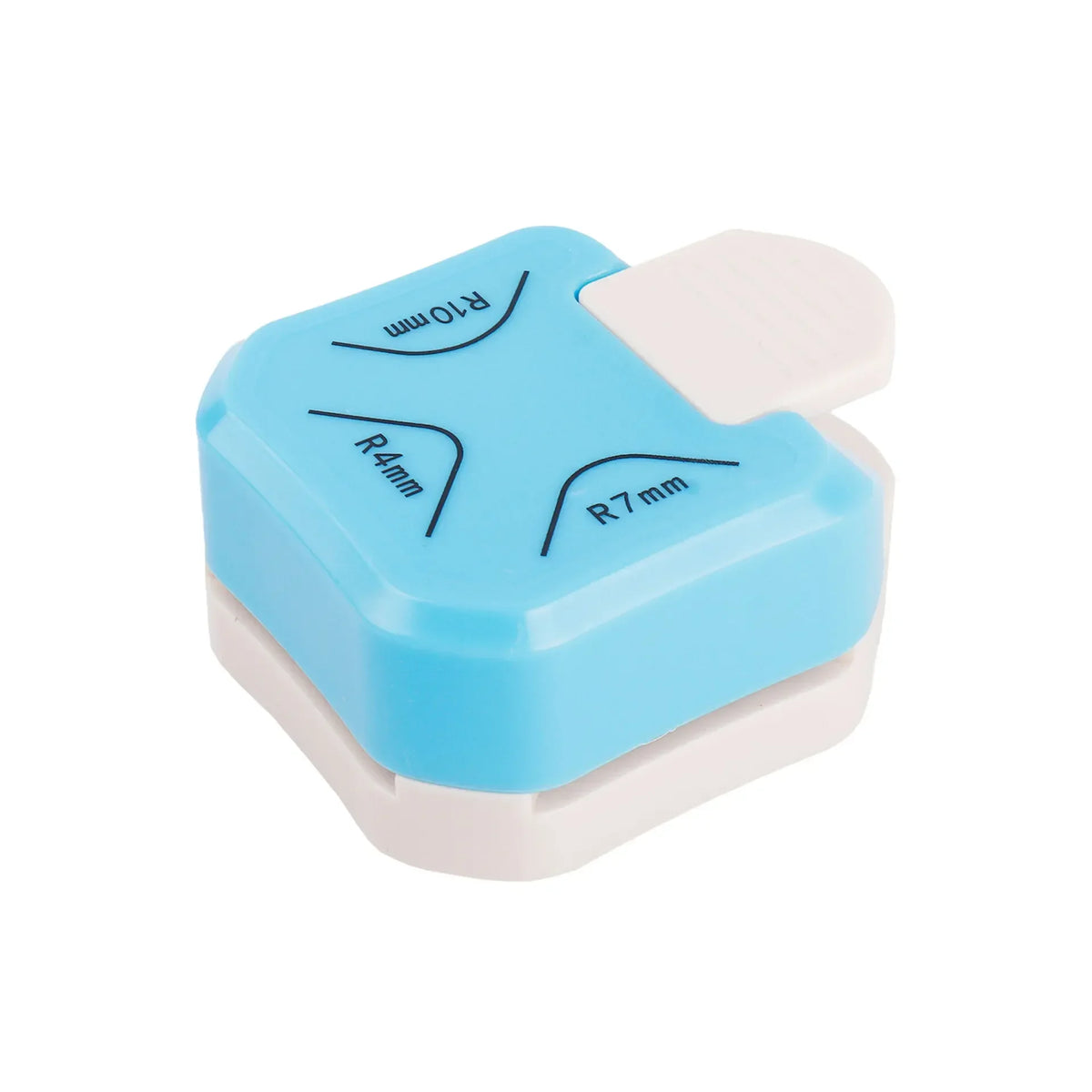 A light blue and white corner cutter tool with various sized guides marked on it.