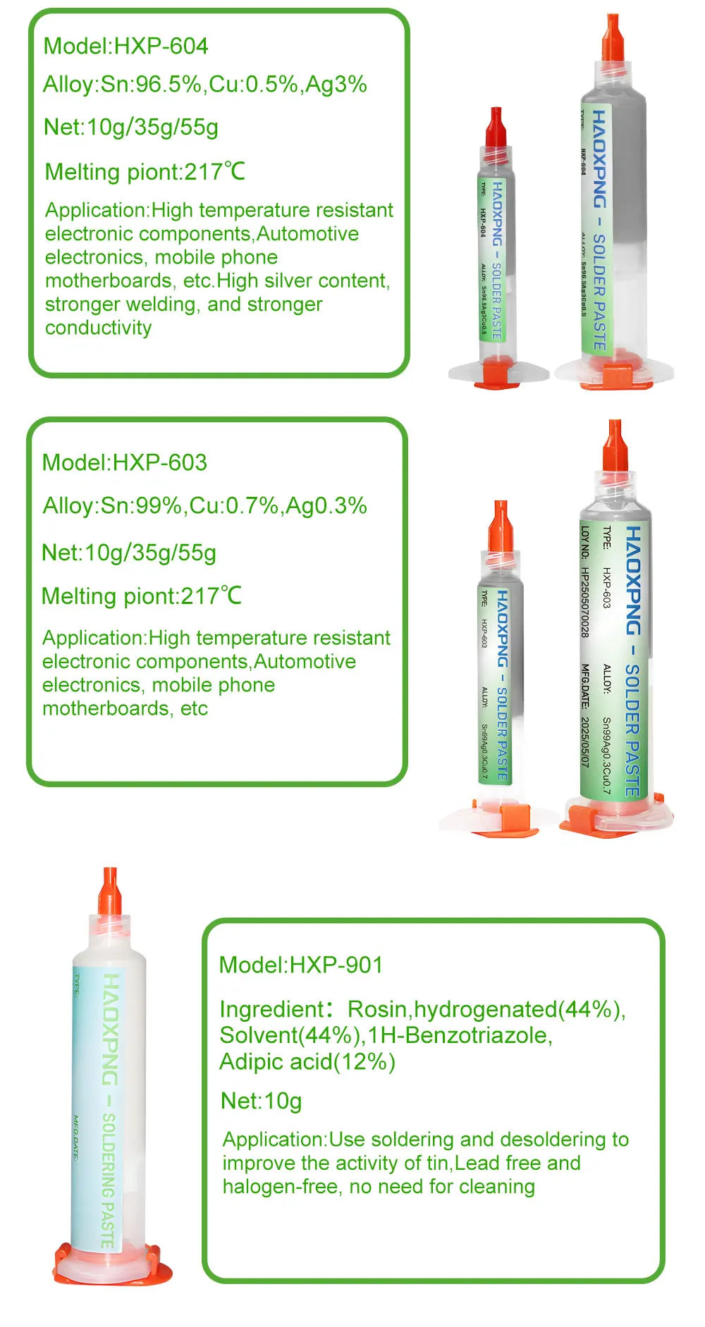 Three types of solder paste products are shown: HXP-604, HXP-603, and HXP-901.