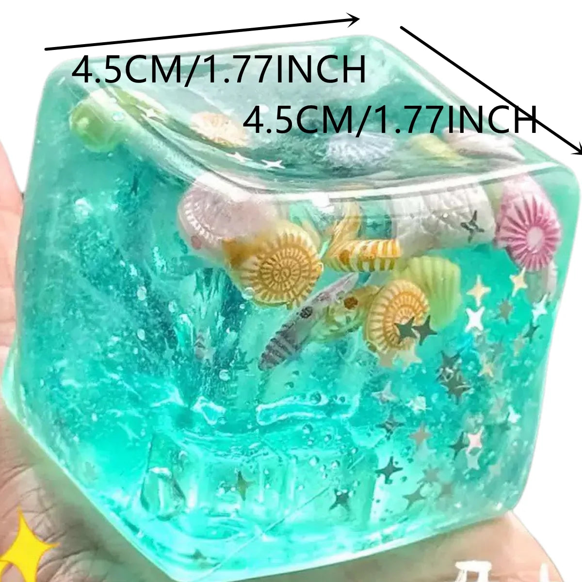 A clear blue squishy toy filled with sea creatures and bubbles for sensory play.
