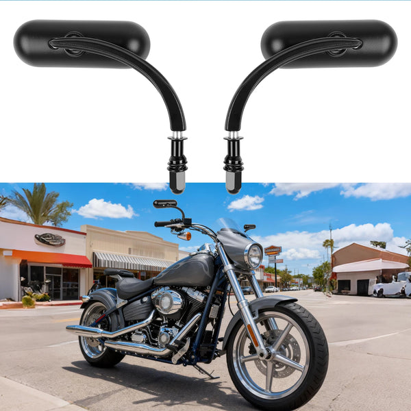 Universal chrome black motorcycle side rear view mirrors mounted on a blue sky road.