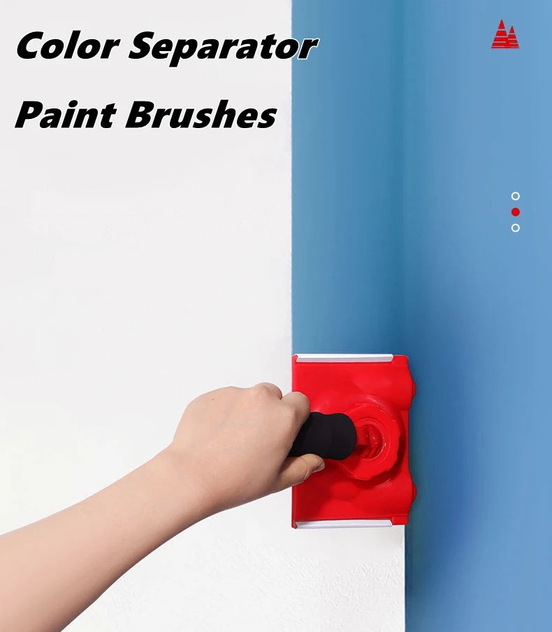 A hand is using a red color separator paint brush to separate two blue paint colors on a wall surface.