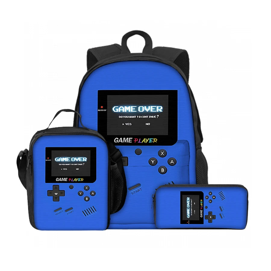 A blue gaming console backpack set featuring a main bag, a lunch bag, and a separate game player device.