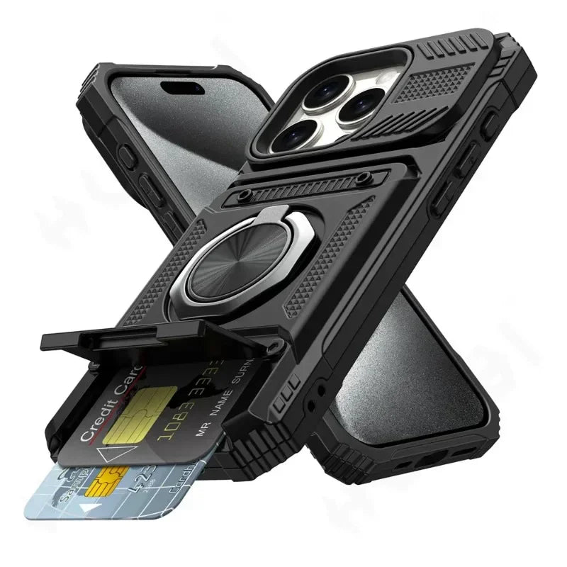 A black protective phone case featuring a magnetic ring stand and a credit card slot.
