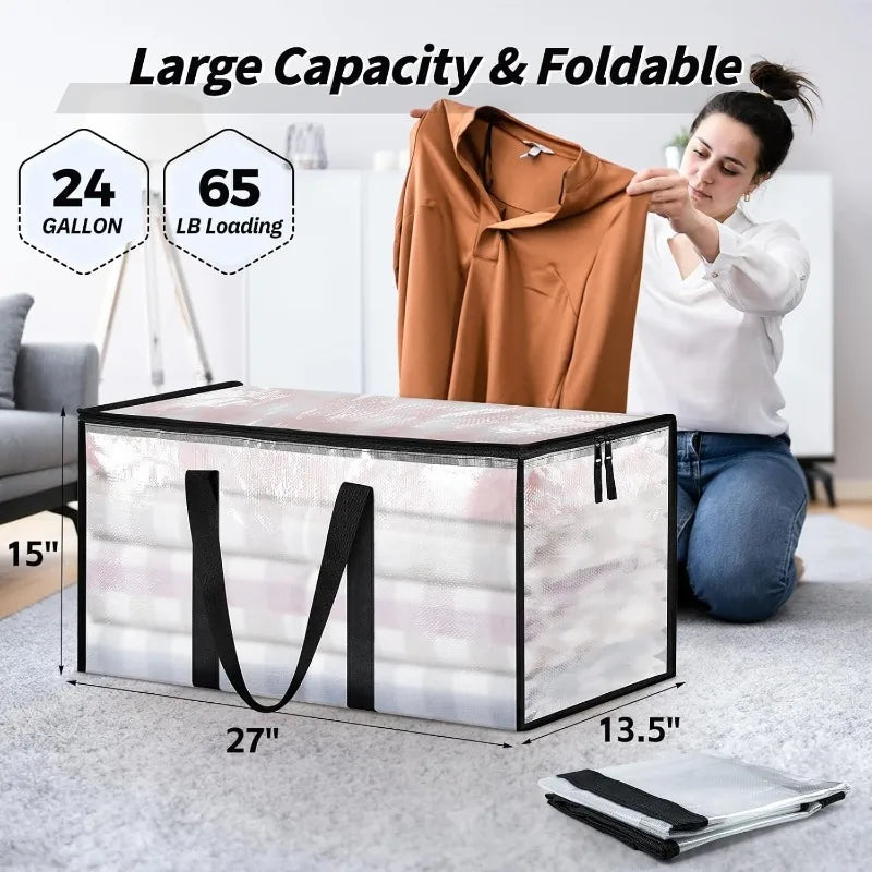 A woman is holding a large, foldable storage box with clear lids and reinforced handles on a carpet.