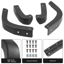Set of black mud flap delete covers for Chevrolet Silverado 1500, including various mounting brackets and hardware.
