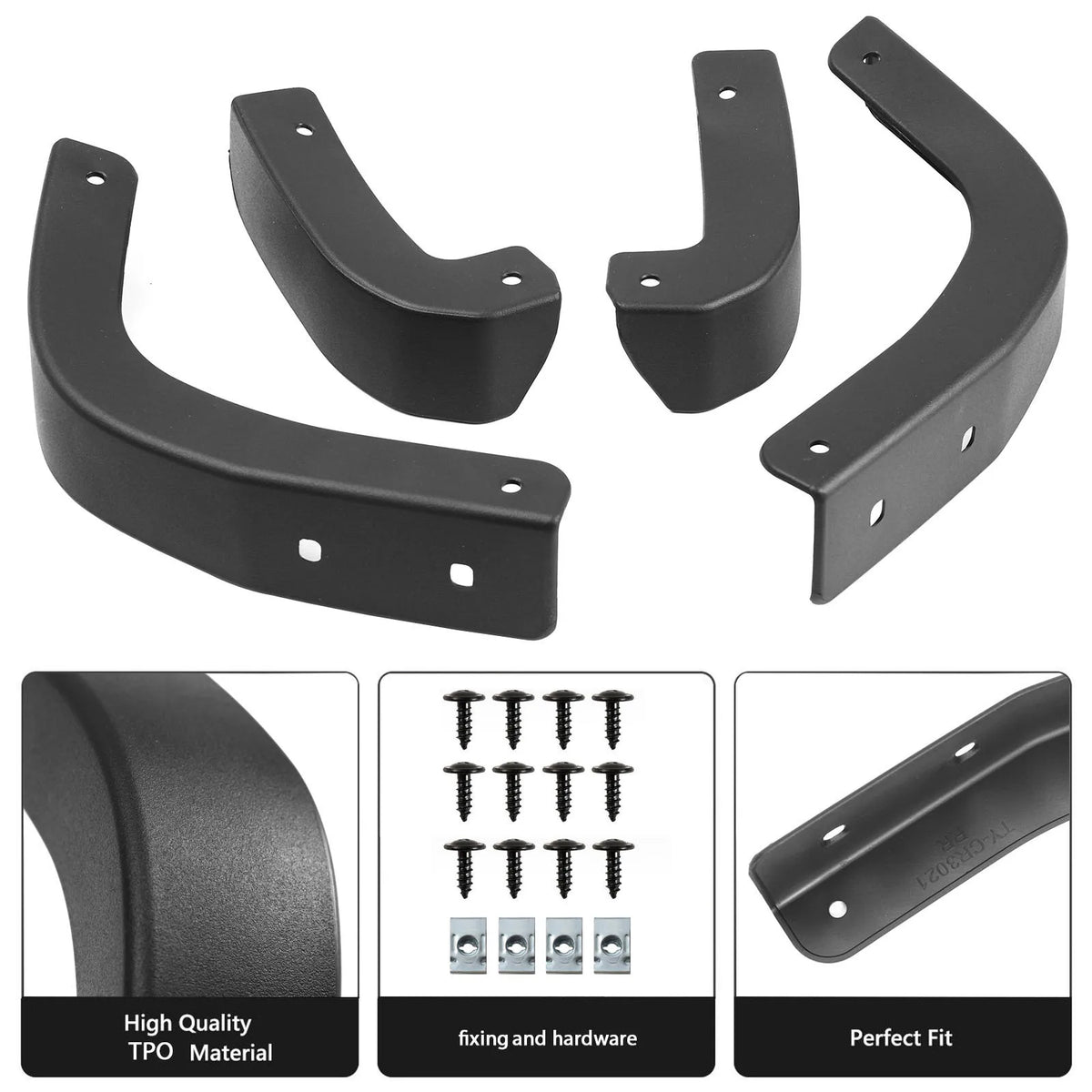 Set of black mud flap delete covers for Chevrolet Silverado 1500, including various mounting brackets and hardware.