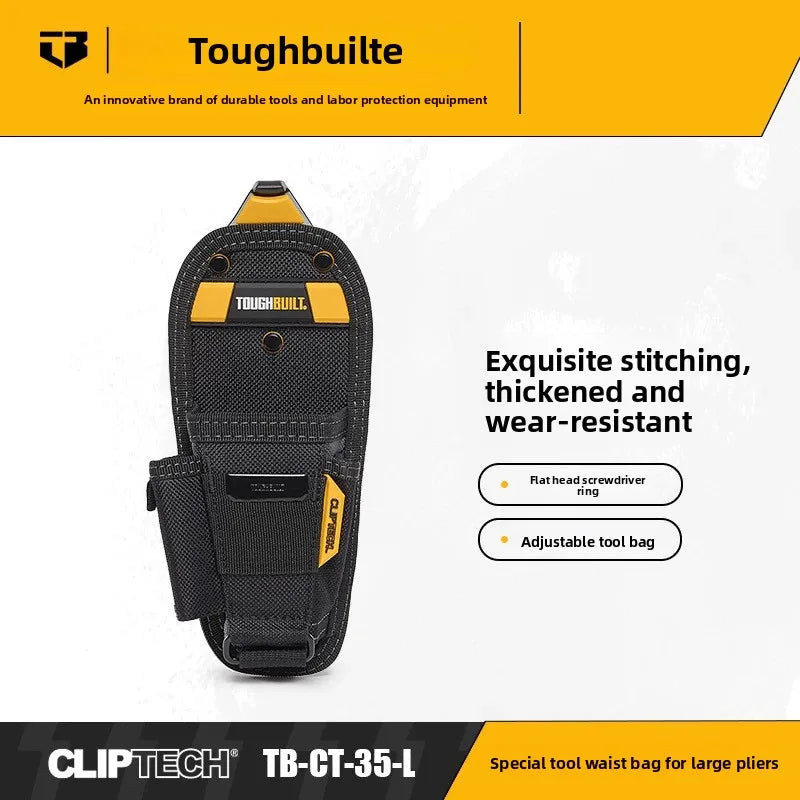 A black Toughbuilt tool belt featuring exquisite stitching, a flat head screwdriver ring, and an adjustable tool bag.