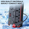 A black portable power inverter with dual AC outlets and USB ports is shown against a snowy background.