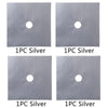 Four individual pieces of silver stove burner mats, each featuring a circular hole.