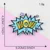 A bright blue embroidered lettering patch spelling WOW with silver stars on a pink background.