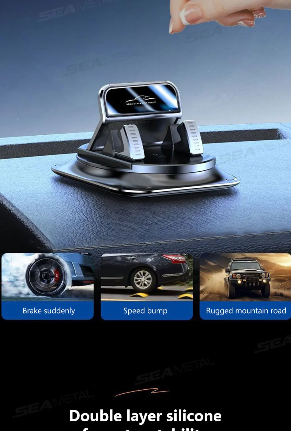 A black 360° rotating car dashboard phone mount with an anti-slip silicone base shown on a dark surface.