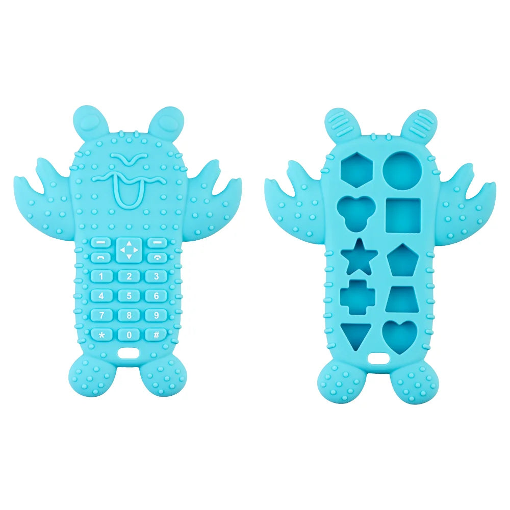 A light blue silicone baby teether toy shaped like a remote control, featuring buttons and various cutouts.