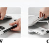 Comparison image showing a new and old aluminum portable laptop stand with adjustable legs.