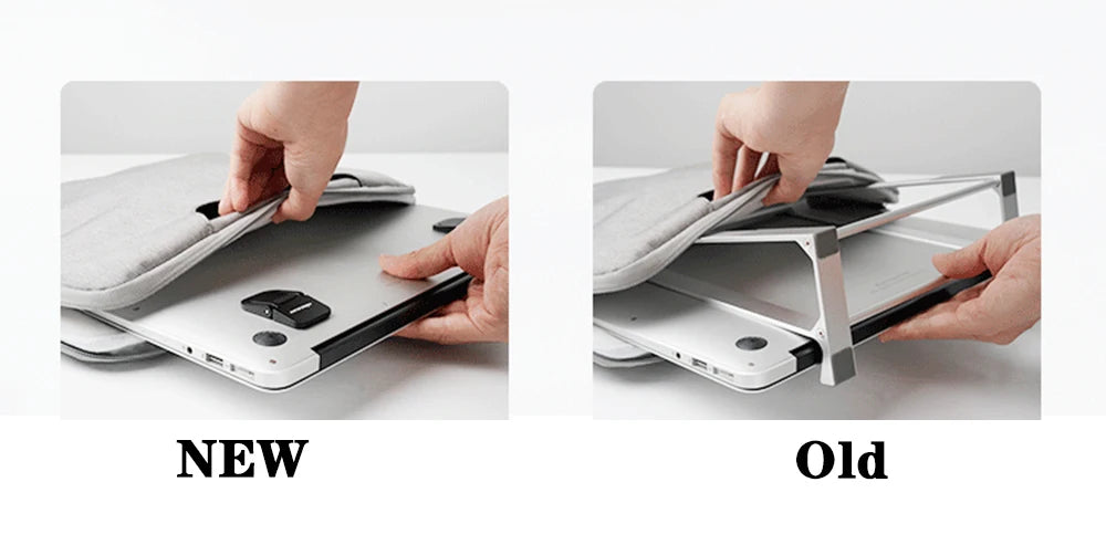 Comparison image showing a new and old aluminum portable laptop stand with adjustable legs.