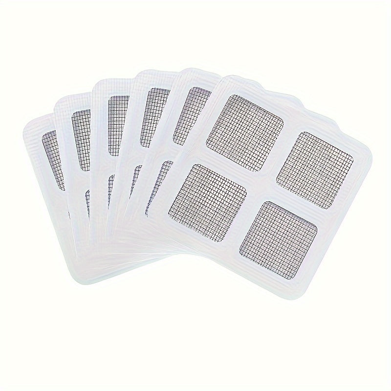 A pack of clear mesh filters used as disposable shower drain hair catchers for sinks and floor drains.