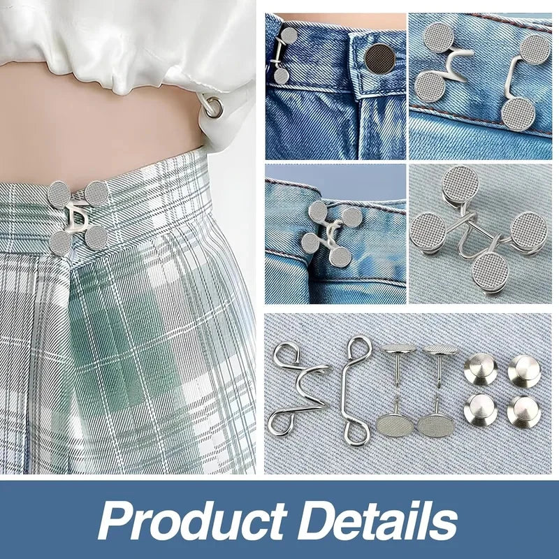 Set of four adjustable metal buttons for tightening jeans waistlines and closures