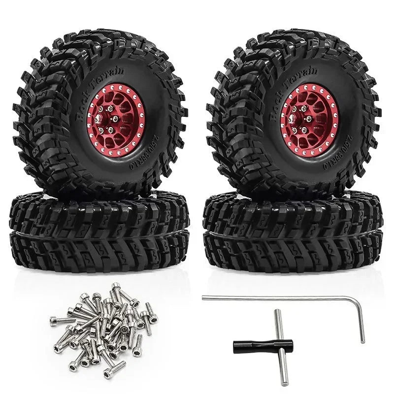 Set of four black metal beadlock RC crawler wheels with tires and mounting hardware