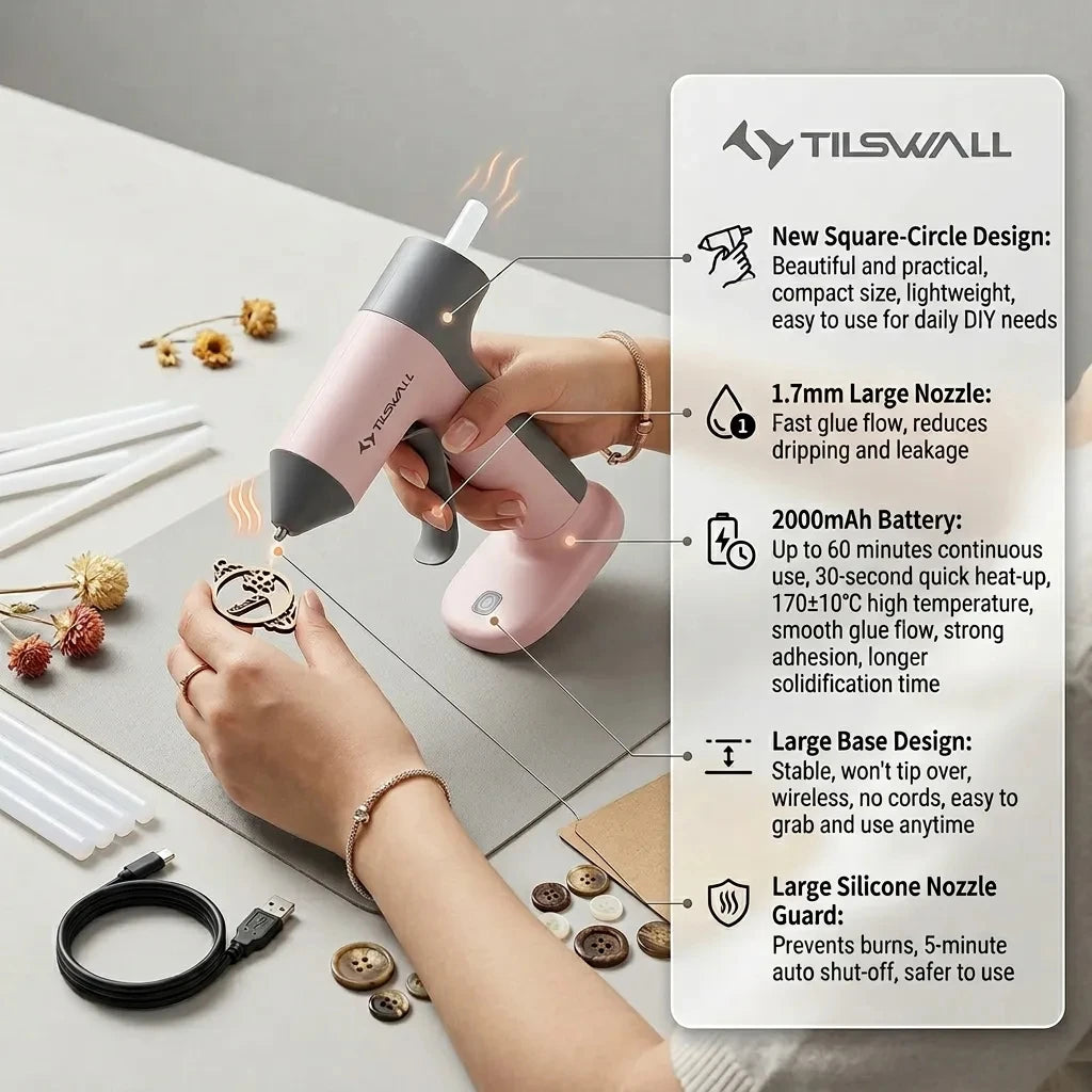 A hand is using a pink cordless hot glue gun with a square-circle nozzle to apply glue, demonstrating its features.
