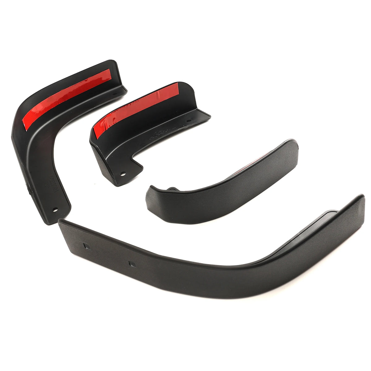 Black and red mud flap delete covers for Chevrolet Silverado 1500, showing various mounting shapes.