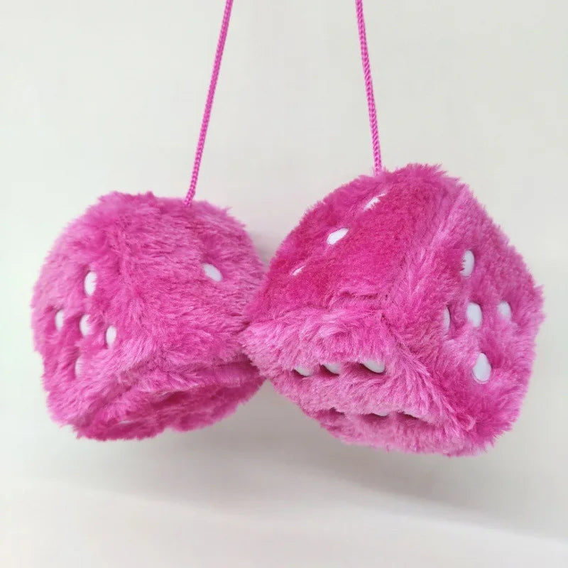 Pink plush velvet dice car mirror pendant with pink string