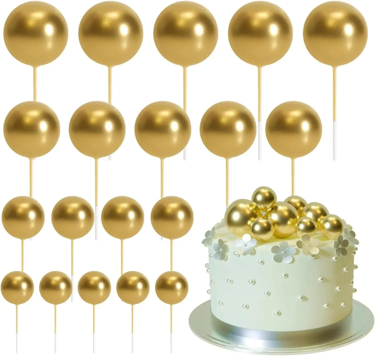 Eine Anordnung von zwanzig goldenen Ball-Kekstoppern auf Stäbchen in einer Reihe.