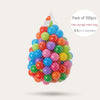 Pack of 100 soft play pit balls in various colorful ocean-themed shades inside a mesh bag