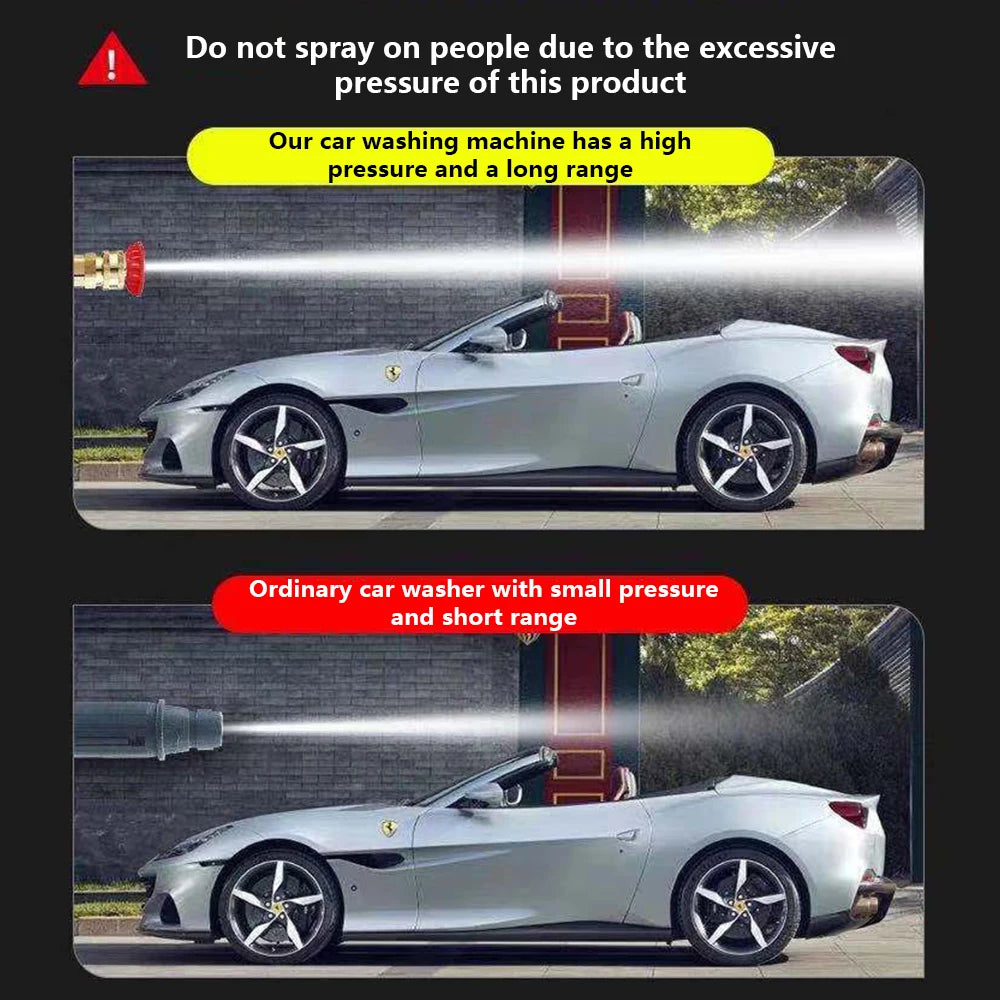 A silver sports car is being washed by a high-pressure water jet from a washing machine.
