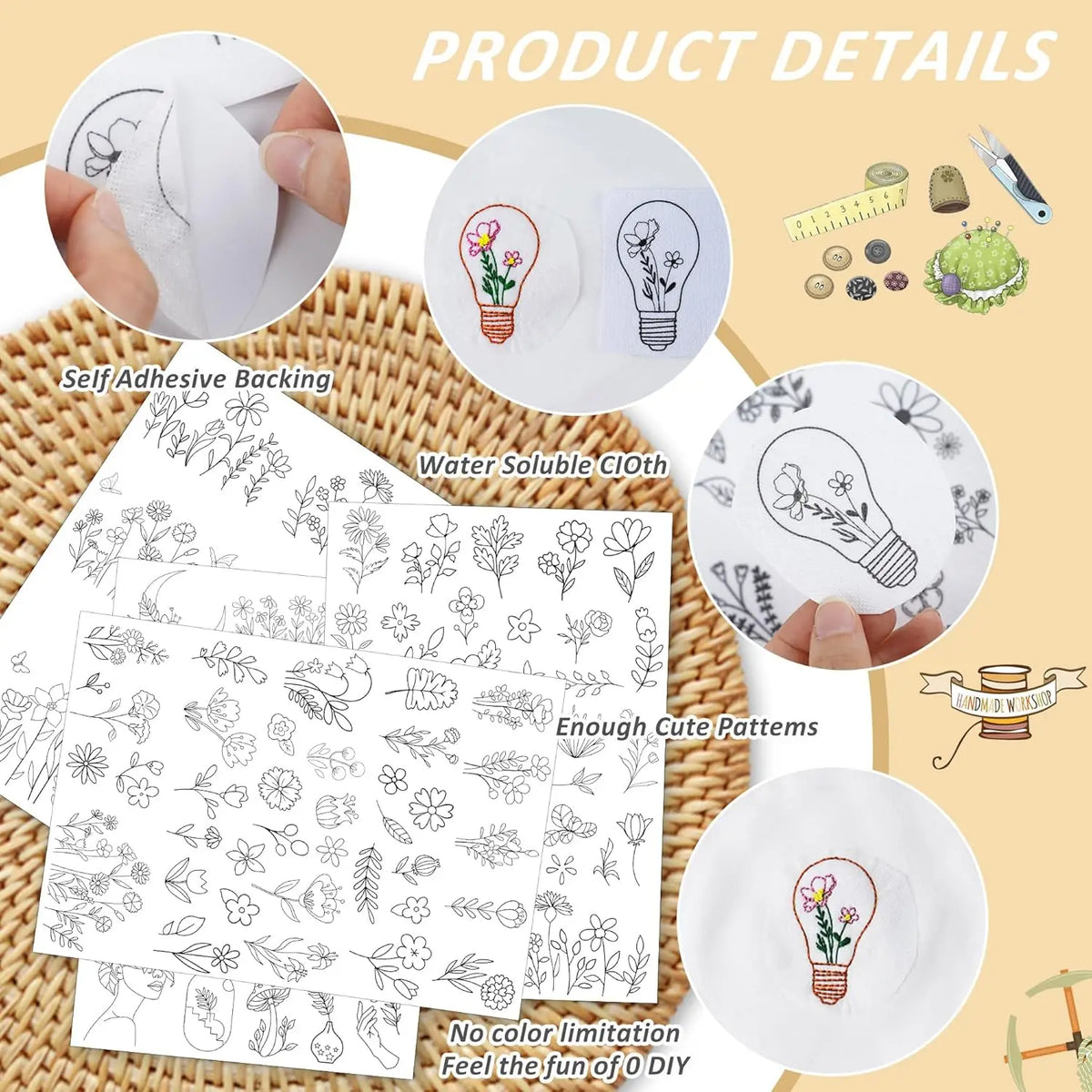 Pre-Printed Water-Soluble Embroidery Stabilizer Sheets with Floral & Letter Patterns