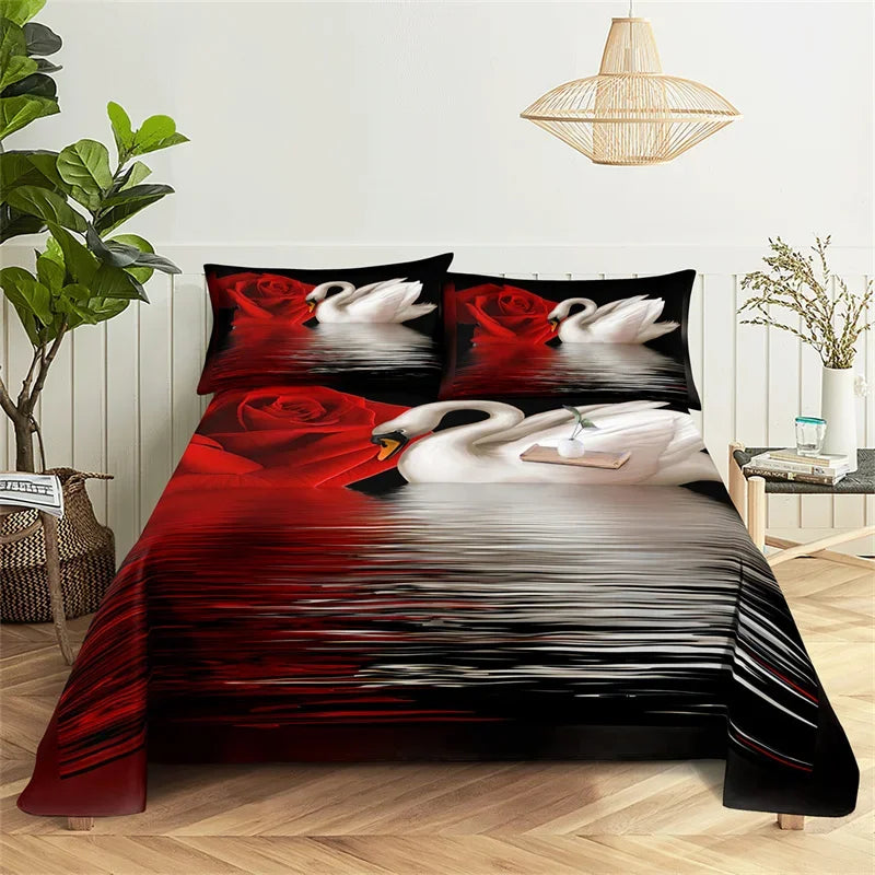 A red rose and swan digital print bedding set featuring a dramatic black and white design.