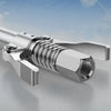A close-up view of a heavy-duty grease gun coupler with a quick-release double handle and threaded connection.