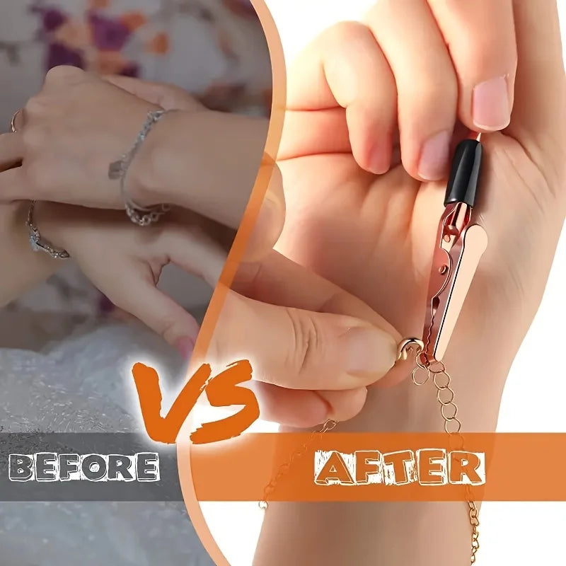 Comparison image showing a retractable bracelet fastening tool before and after use on a hand.