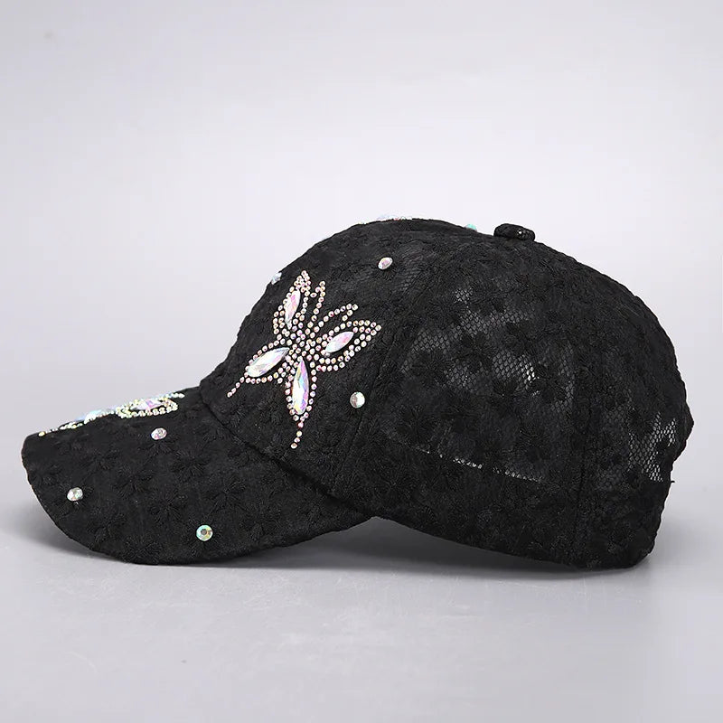 Lace Butterfly Snapback Cap with Rhinestone Accents
