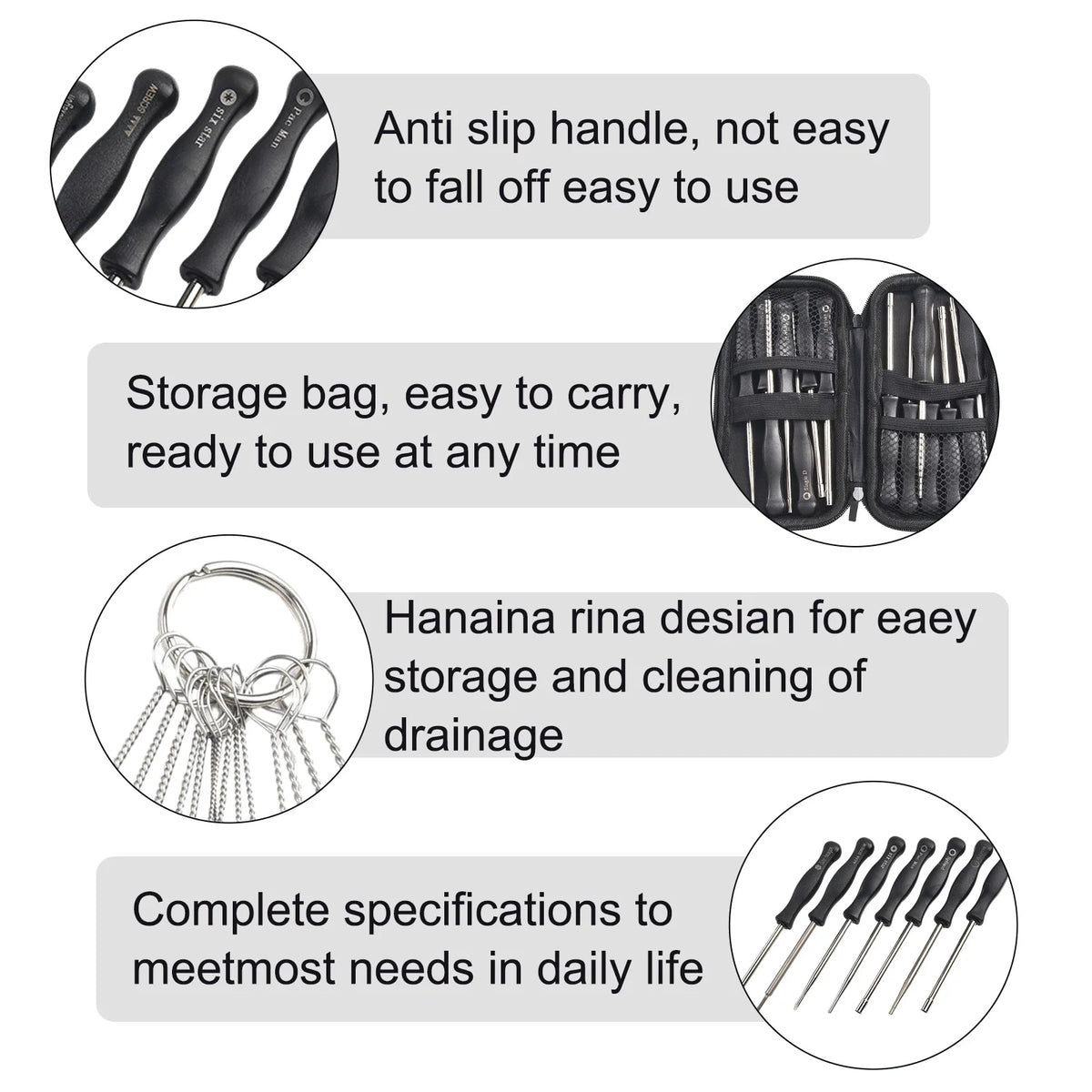 A set of 14 carburetor adjustment tools including an anti-slip handle, storage bag, and a design for drainage.