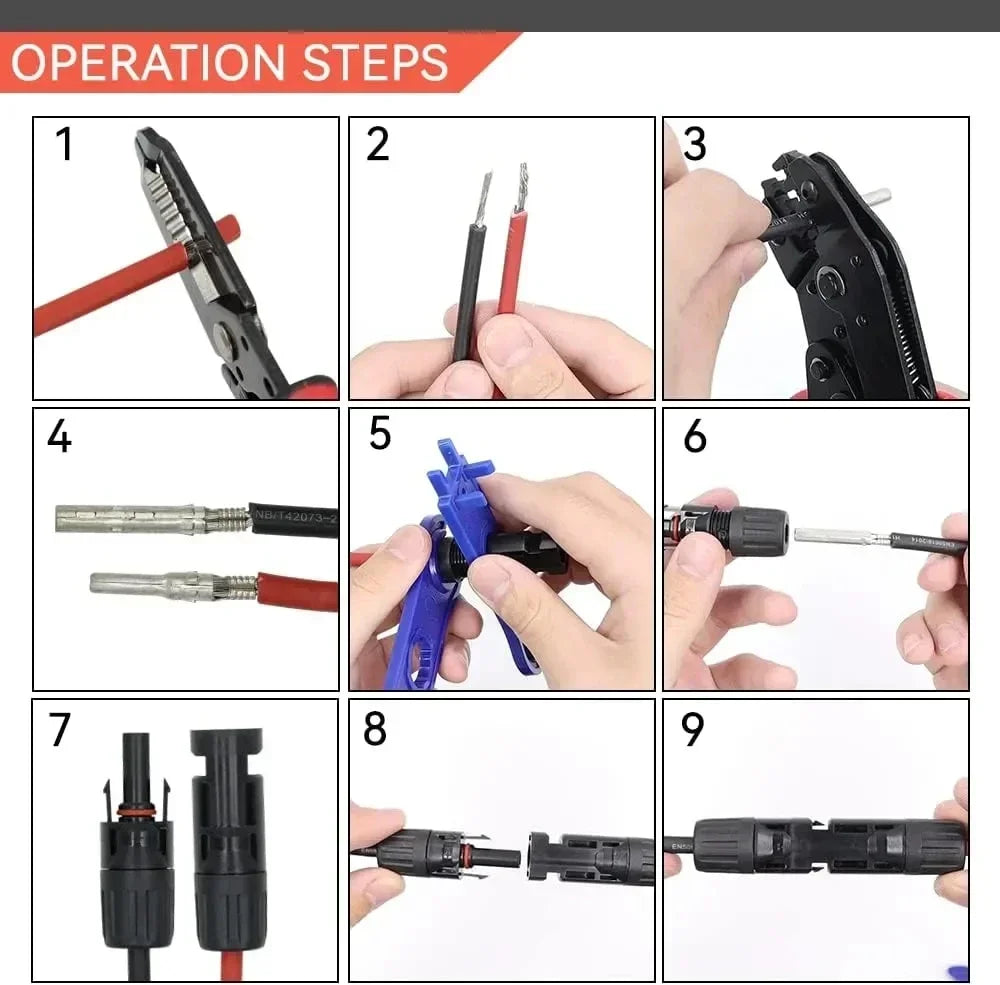 Step-by-step guide showing the assembly of a solar panel connector kit for PV cable.