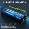 A black multifunctional air pump device is shown with text indicating X2 faster inflation and various pressure options for ca