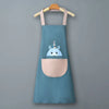 A light blue waterproof kitchen apron with a pink pocket and a white illustration of a baby elephant face.