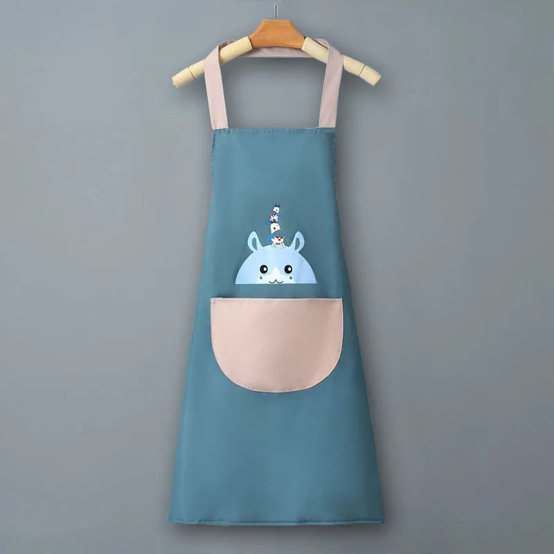 A light blue waterproof kitchen apron with a pink pocket and a white illustration of a baby elephant face.